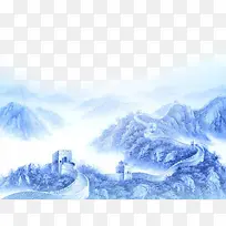 蓝色水墨长城