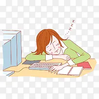 卡通插图工作劳累加班睡着的女人