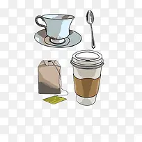 手绘茶杯 茶包和咖啡