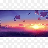 日出城市卡通海报背景