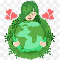 手抱地球的女孩地球日插画