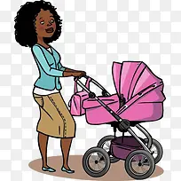卡通妈妈推婴儿车