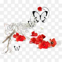 红色花朵与蝴蝶背景