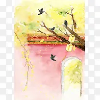 手绘水彩黄色树林小鸟