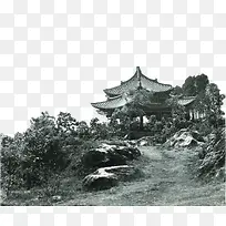 山上的小亭黑白照片