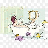 时尚手绘插图美女浴缸泡澡