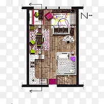彩色手绘公寓一居室平面效果图