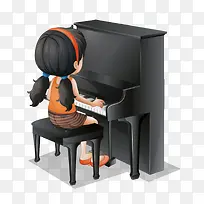 手绘卡通弹钢琴的女孩