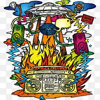 彩色手绘抽象幻想收音机飞船元素
