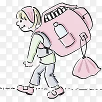 卡通人物背着书包的小女孩