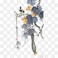 中国画瓜藤上的鸟