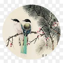 两只鸟儿国画