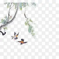 中国画树下飞鸟素材