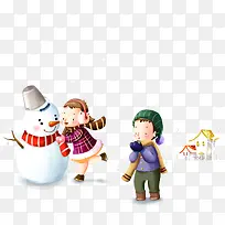 下雪玩耍的儿童和雪人插画