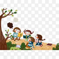 大树下读书蜡笔水彩儿童插画图片