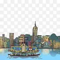 卡通插画彩绘老香港建筑群