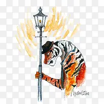 扶着灯柱的老虎