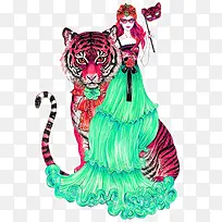 女人与老虎时尚插画