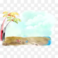 手绘天空沙滩椰树
