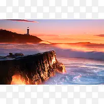 海浪岩石峭壁夕阳