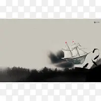 水墨画帆船鲤鱼海报背景