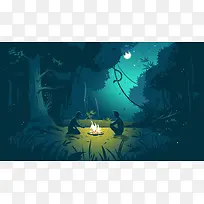 卡通背景两个生火的人物月光森林