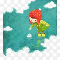 玩纸船的小红帽女孩