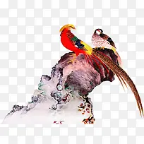 鸳鸯鸟的山水画背景图片