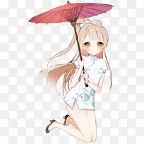 卡通小女孩撑着雨伞