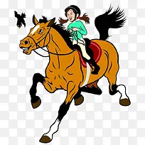 卡通手绘女孩子骑马的画面