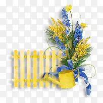 栅栏 浇花水壶 黄色花 png素材