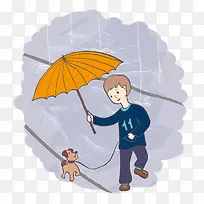 打伞的男孩和小狗