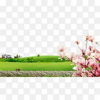 春天草地山丘玉兰背景素材