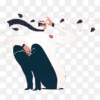 白衣眼镜男子与风吹起来的树叶