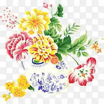 手绘彩色花朵花盆青花瓷
