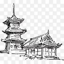 手绘古式中国建筑线稿