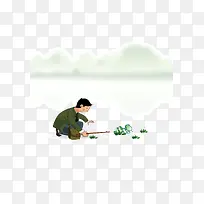 小男孩逗青蛙