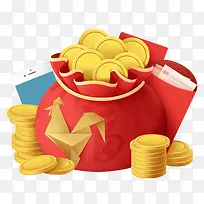 卡通红色钱袋红包金币