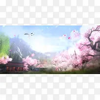 卡通中国风粉色花海庭院海报背景