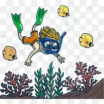 矢量卡通可爱潜水者素材海底小鱼
