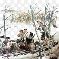红军划船在芦苇荡中