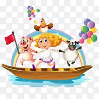 小孩和猪羊在船上一起玩