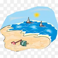 海边沙滩帆船风景插画矢量