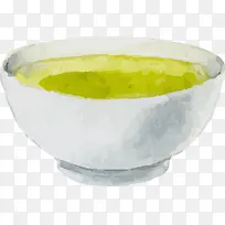 水彩白瓷碗青菜汤