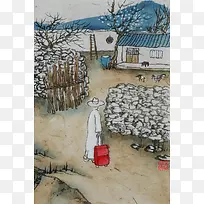 中国风农村庭院水墨画海报背景