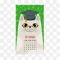 绿色博士帽猫咪2018年九月挂历