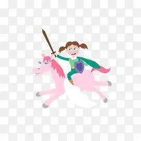 矢量彩色卡通小女孩骑马