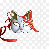 红色丝带铃铛半脸式和风狐狸面具