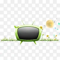 绿色电视机和花朵