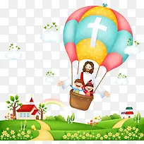 热气球上的耶稣与风景插画